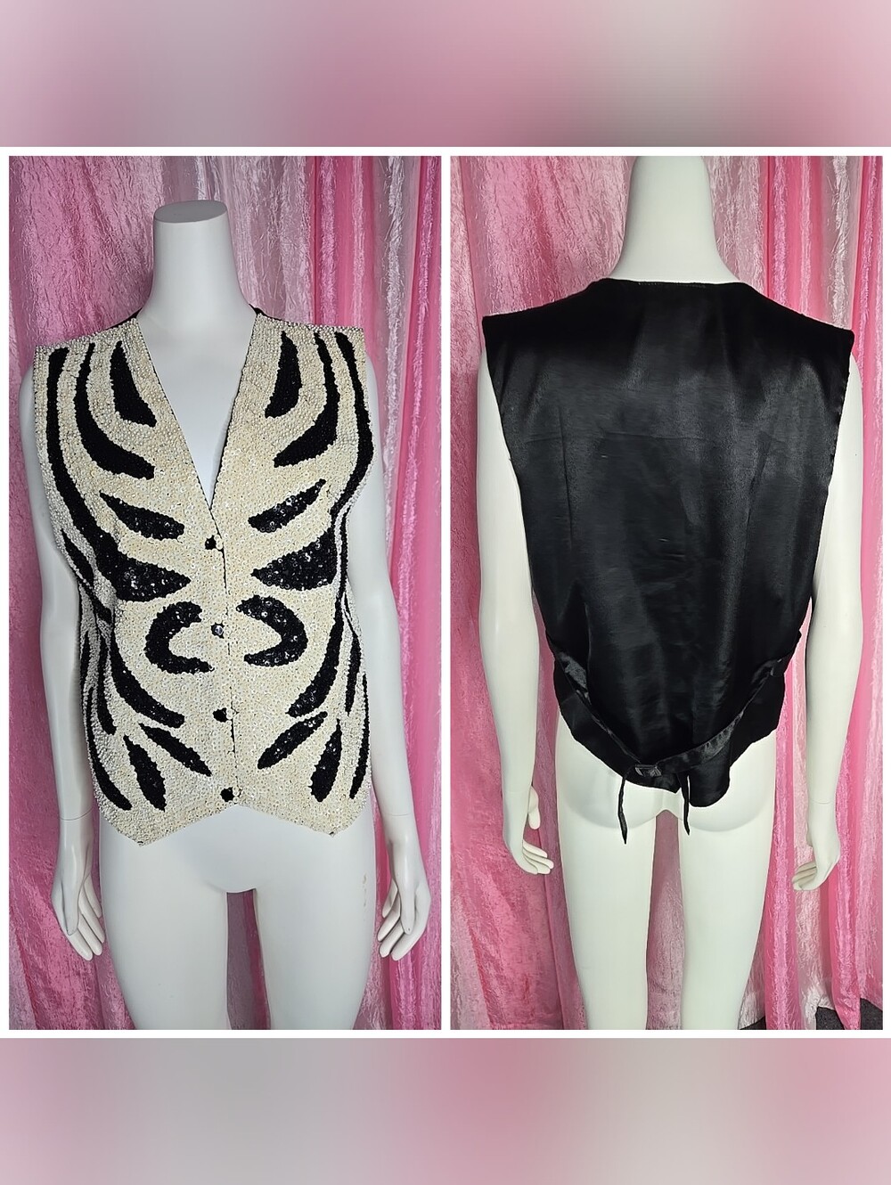 Silver Stream Vintage Black Satin Ivory Sequin Beaded Festival Vest Size Medium